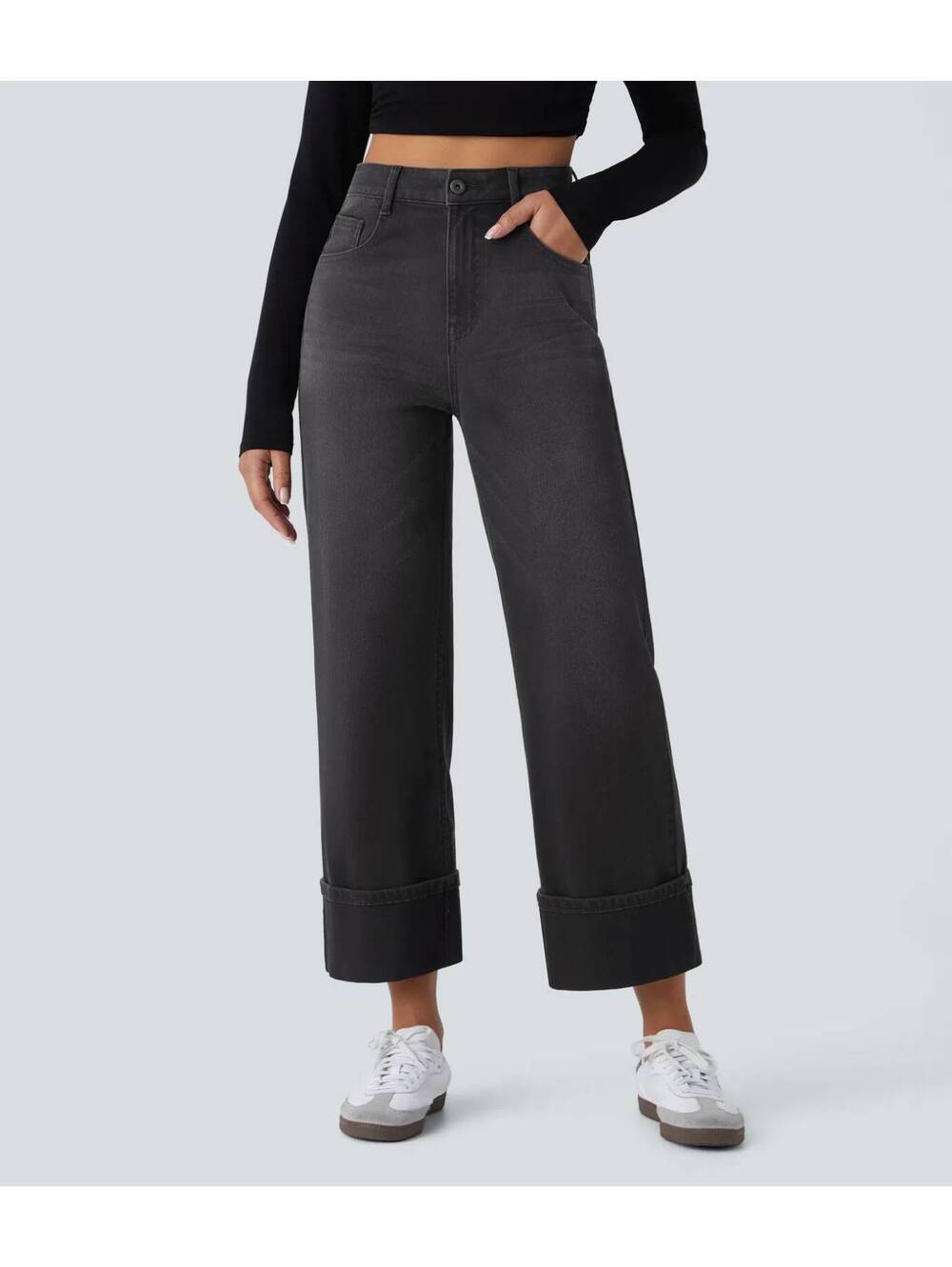 HALARA High Waisted Pockets Rolled Hem Wide Leg Washed Casual Jeans Size [L Reg]